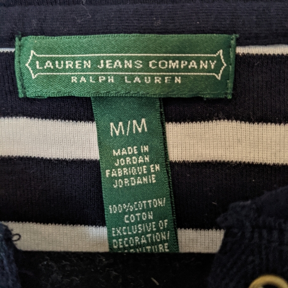 Ralph Lauren Navy and White Striped 3/4 Sleeve Lace Tie Neckline Top - Picture 3 of 5